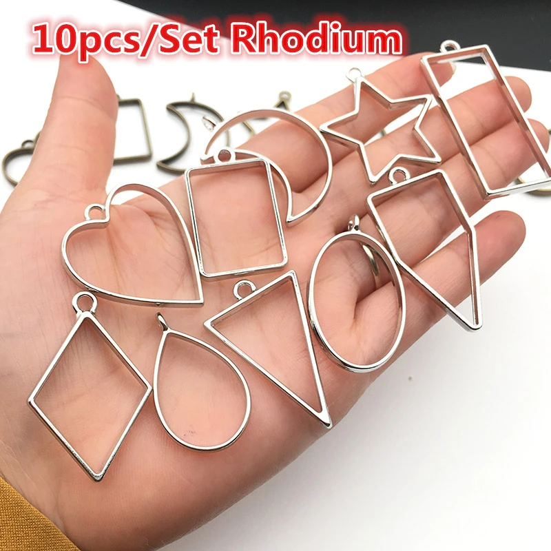 

10pcs/lot Rhodium Color High Quality Geometric Figure charm Photo Frame Hollow Glue pendant charms DIY Handmade