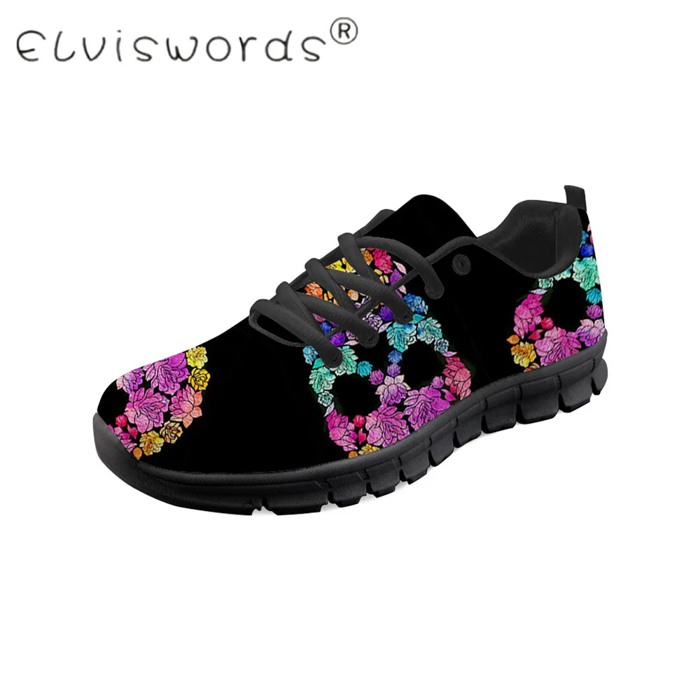 CC2980BAQ ELVISWORDS/Мужская обувь с принтом розы и черепом; черные кроссовки; сезон весна-осень; обувь на плоской подошве со шнуровкой; удобные/легкие кроссовки - Цвет: CC2980BAQ