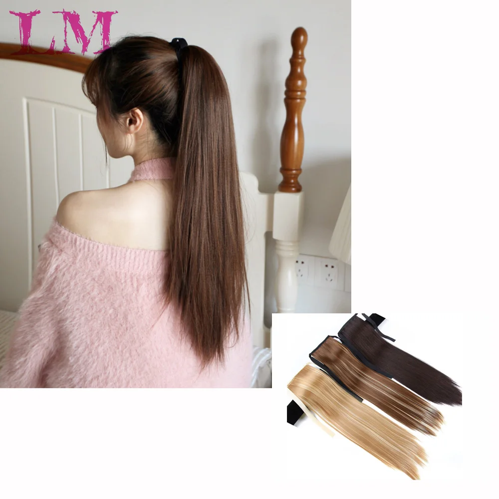 

LM 24 Long Straight Drawstring Synthetic Ponytail Black/Brown Heat Resistance Hairpiece Clip In Hair Extension for Woman