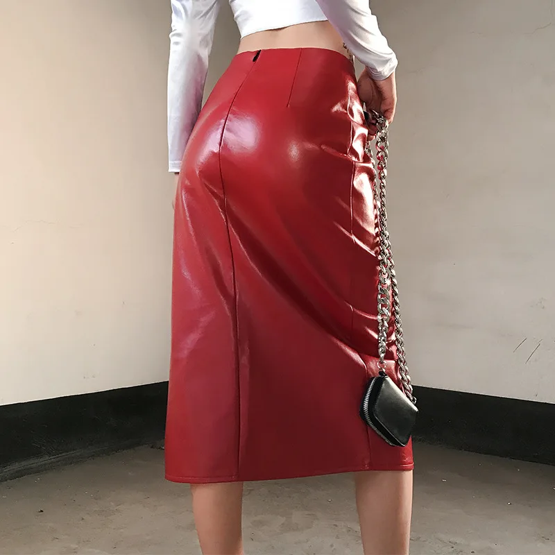 NCLAGEN женская сексуальная высокая талия Сплит PU юбка молния бедра пакет Красный Bodycon женские вечерние Клубные кожаные миди юбки