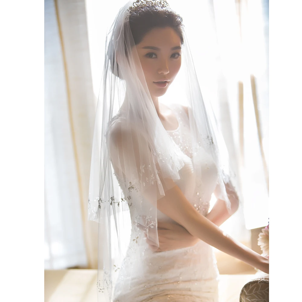 

new arrival handmade beading bridal veil hard Tulle two layers with bead edge short veils Wedding dress accessories with comb