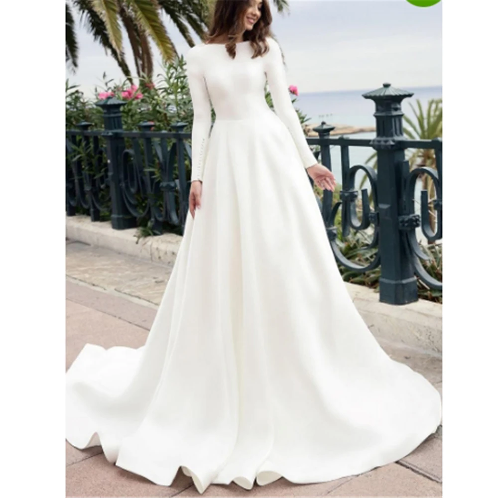 

Modest White Satin Backless Beading Ball Gown Robe De Mariee Scoop Court Train Long Sleeves Custom-Made Wedding Dresses 2019