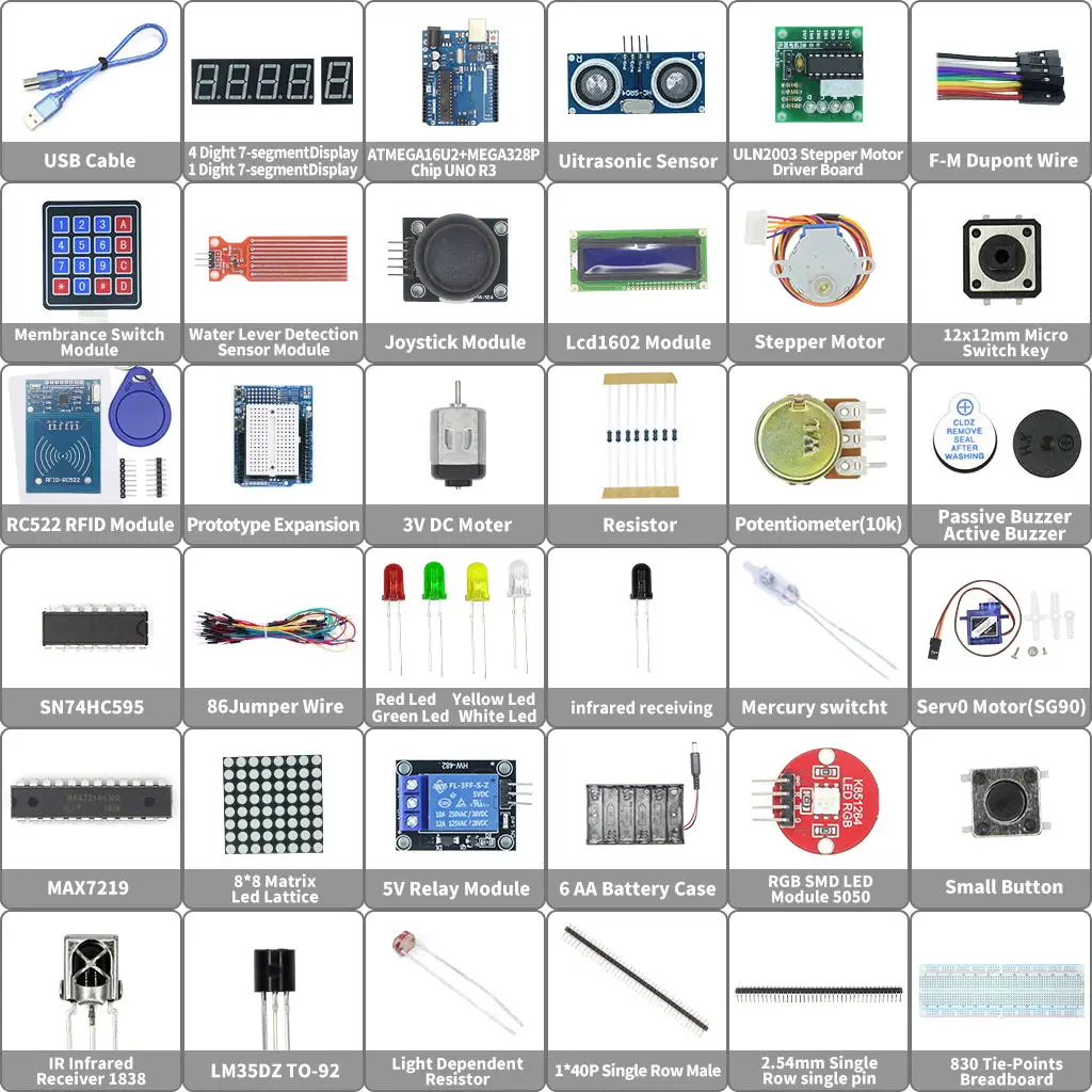 Starter Kit for Arduino Uno R3 - Uno R3 Breadboard and holder Step Motor / Servo /1602 LCD / jumper Wire/ UNO R3