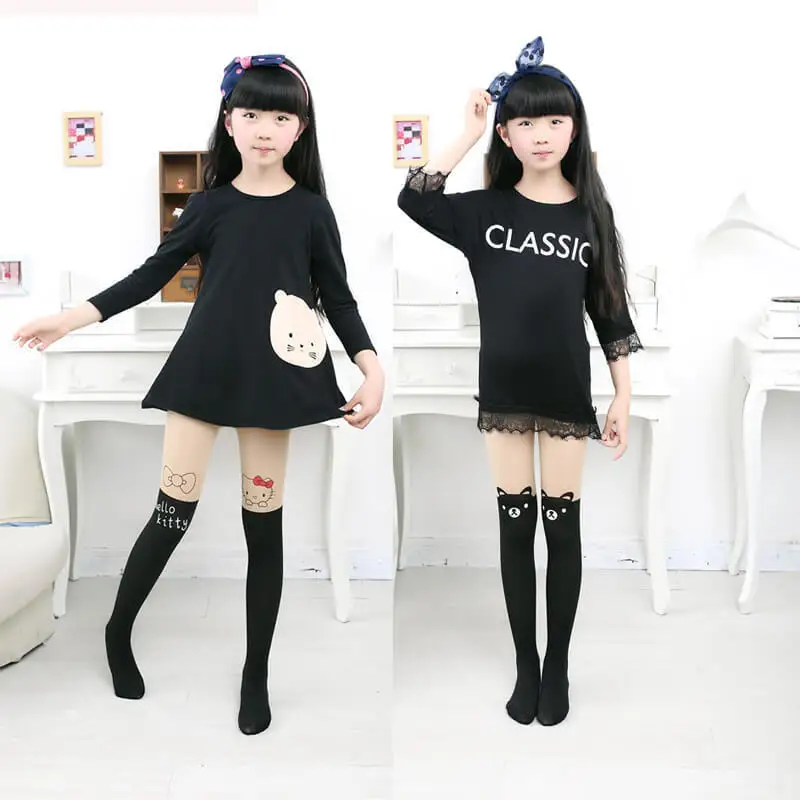 

Korean Style Children Velvet Printed Fake Tube Patyhose on Skin under Black KT Cat Joint False Legs Silk Stockings
