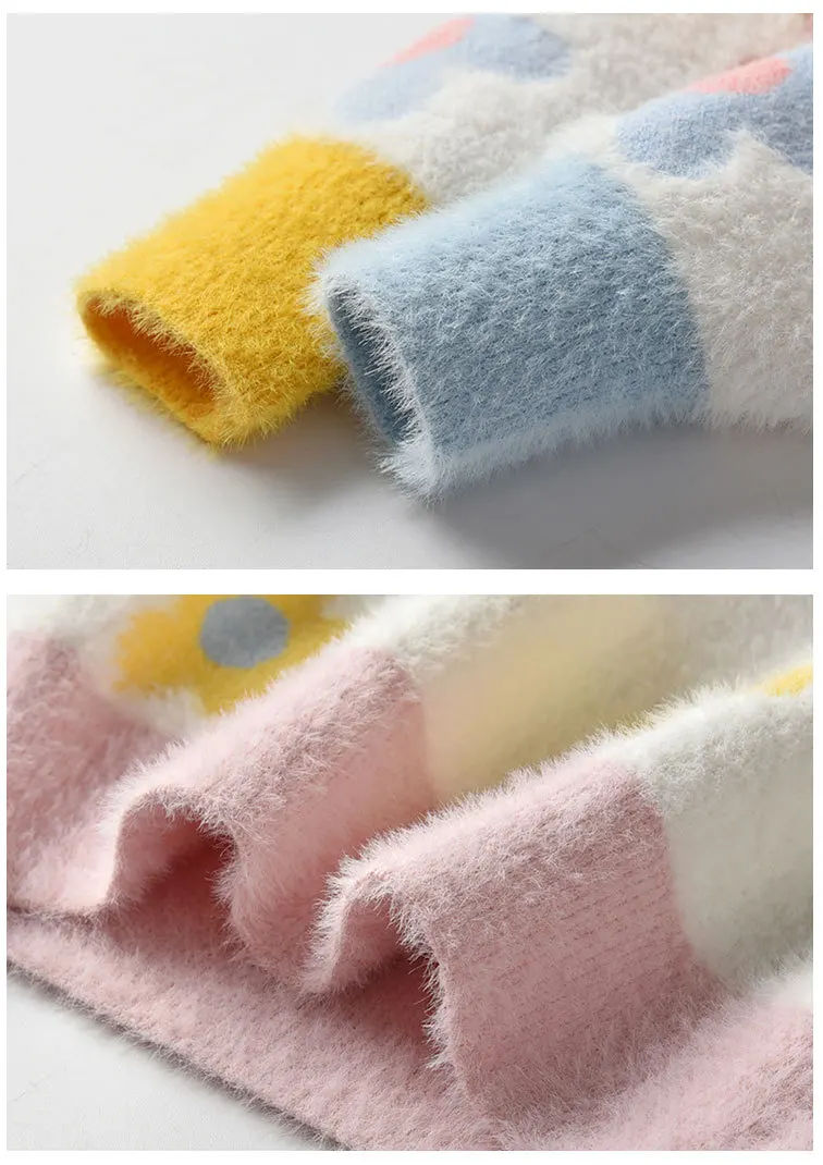 Свитер для маленьких девочек зимняя одежда цветочный узор Имитация норка свитер теплый вязаный свитер детская одежда от 2 до 7 лет
