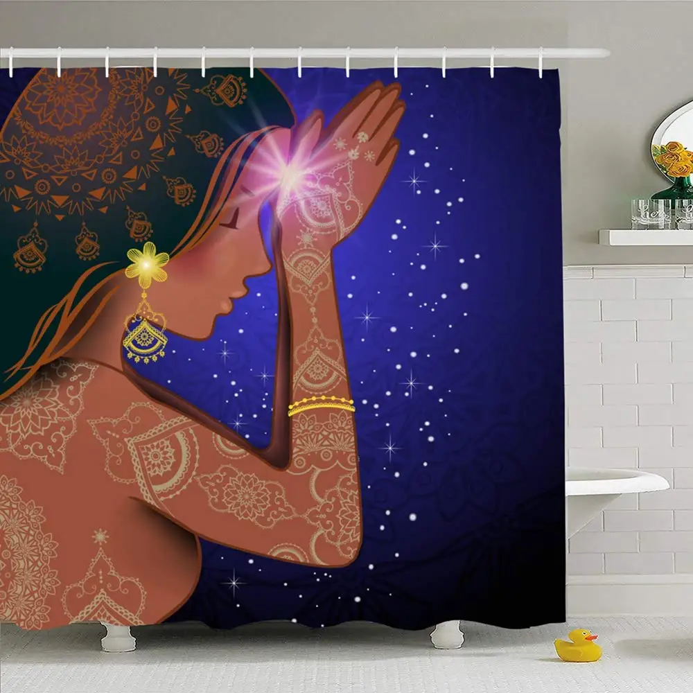 

Shower Curtain Set with Hooks 66x72 Transparency Happy Profile Woman Hands Namaste Asana Peace Gesture Signs Symbols Meditation