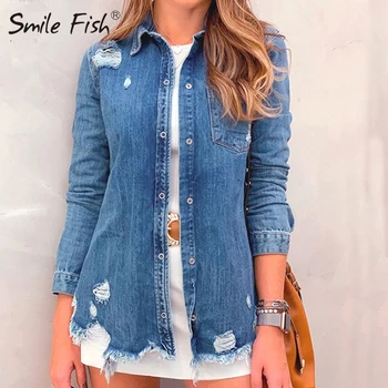 

Streetwear Denim Jackets Women Coat Autumn New Long Sleeve Jeans Jackets Lapel Tops Pocket Buttons Tassels Holes Coat GV770