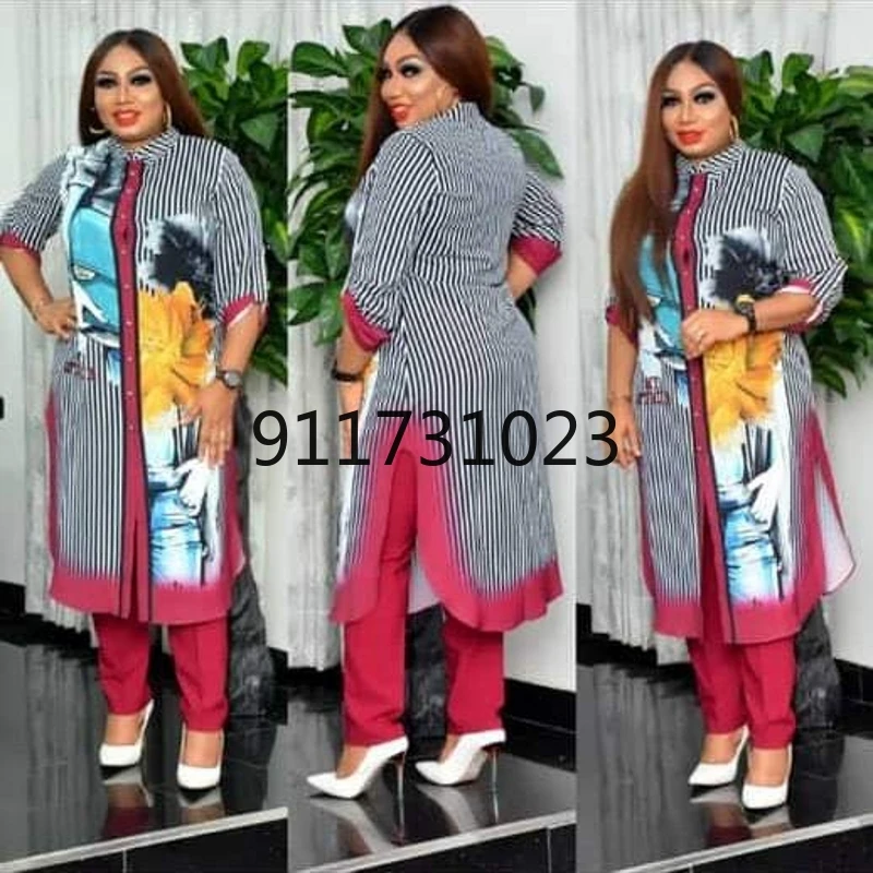2021 Traditional African Clothing Two Piece Set Women Africaine Stripe Print Bodycon Tops And Pants Clothes | Тематическая одежда
