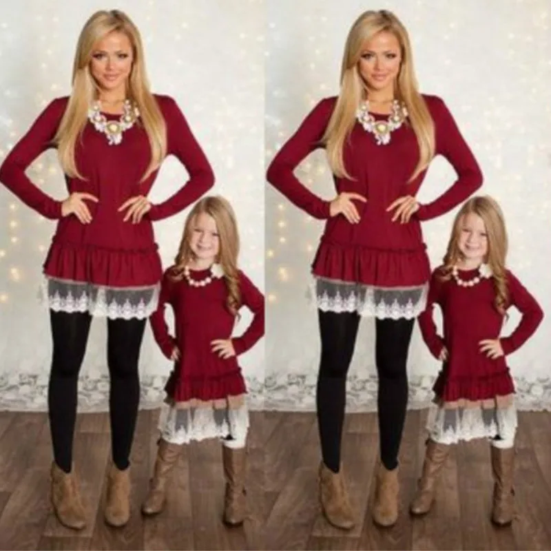 CYSINCOS Family Matching Mom Girls Family Clothes Outfits Lace Dress Princess Dress For Mother And Daughter Long Sleeve Clothes