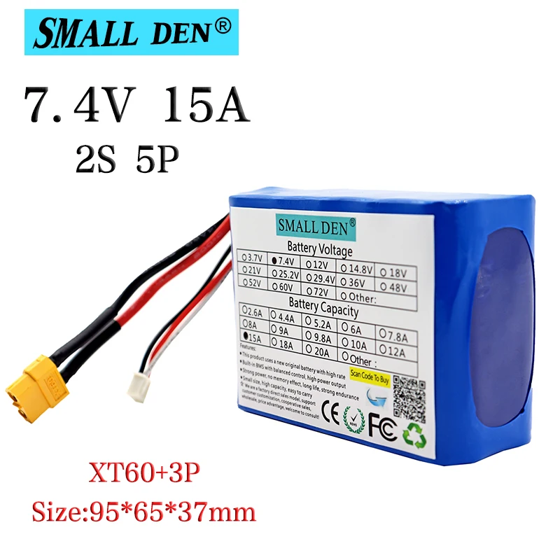 

7.4V 15Ah 18650 2S5P rechargeable lithium battery pack with BMS + XT60/3P high-power battery for UAV model electric toys