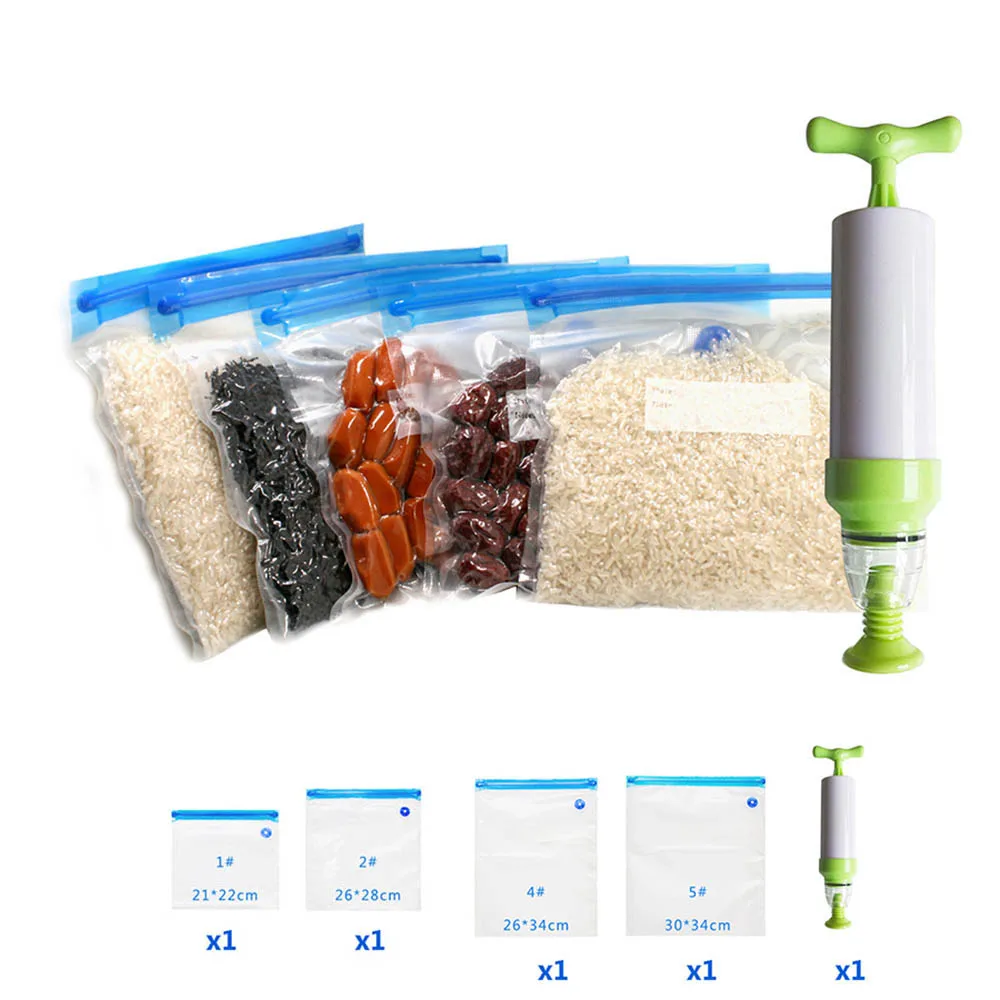 

Manual Vacuum Sealer 5pcs/set Vacuum Bag Hand Pump Handheld Food Vacuum Sealer Sous Vide with 5 Sizes Vacuum Ziplock Bags
