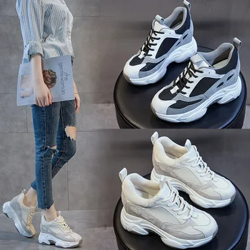 

CINESSD Thick Bottom Genuine Leather Sneakers Women Fashion 2020 New Spring White Sneakers Women Shoes Casual Height Increased