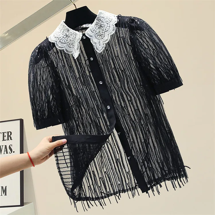 

2020 Summer Blouse for Women Sequined Tassled Lace Shirt Chiffon Shirts Female Summer Short-Sleeved Top Blouses Ladies Blusas