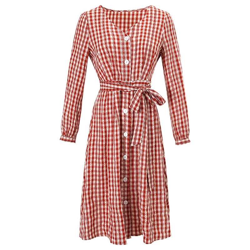 

Fashion Autumn Dresses Women Pink Plaid V-Neck Empire Female Sweet Girl's Dress Elegant Long Sleeve Elegant Dress Women Clothing