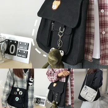 

Simple Canvas Bag Casual Shoulder Bag Fashion Teenager Schoolbag One-shoulder Diagonal Handbag with 4 Cute Badge a Pendant