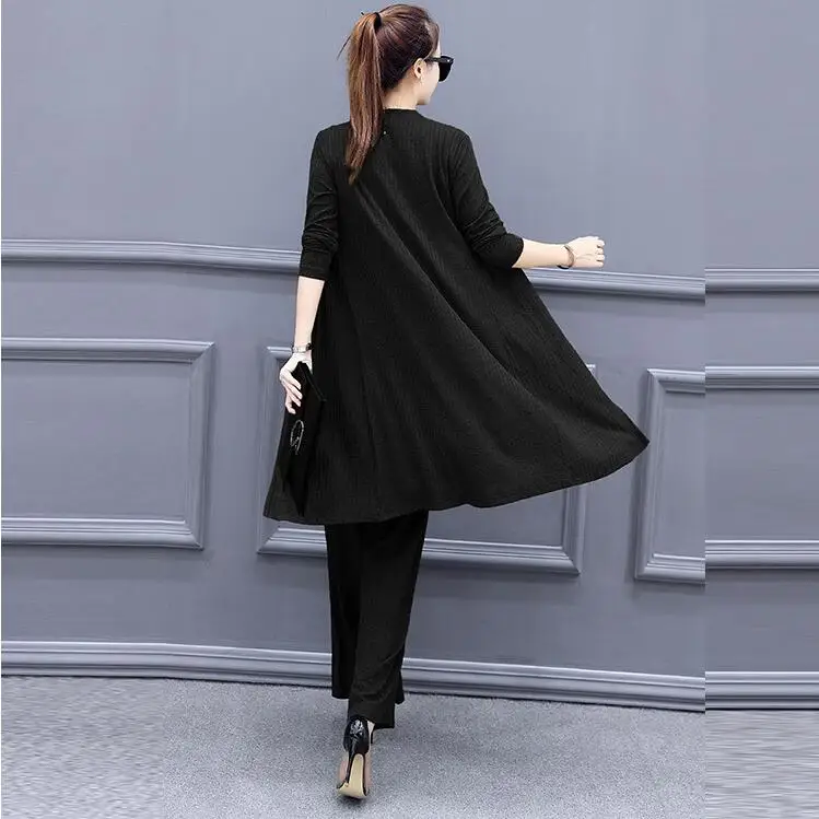 Knitted 3 Pieces Set Women Tracksuit Long Sleeve Cardigan Pullover Tops  Wide Leg Pants Suit Women's Sets Brown Office Elegant