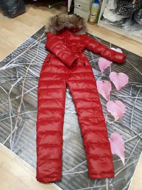 Женский сиамский лыжный костюм, пуховая куртка, высококачественный комплект для улицы, большой меховой воротник, пуховик на утином пуху, комбинезон, комбинезон, зимнее плотное пальто - Цвет: Красный