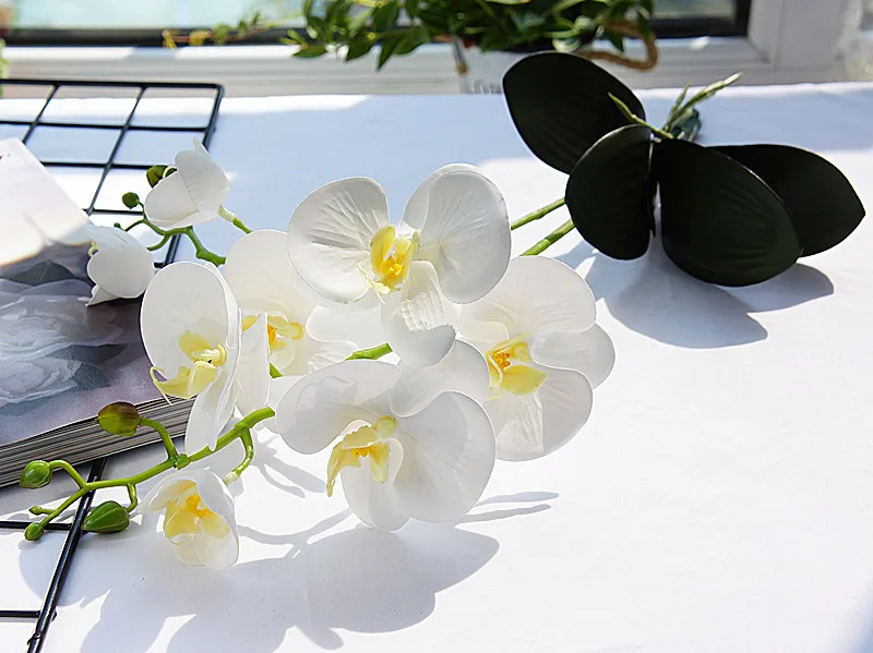 Luxury Latex Orchid with leaves Artificial flower white Butterfly Orchids fake flower for Home Wedding Decoration flores