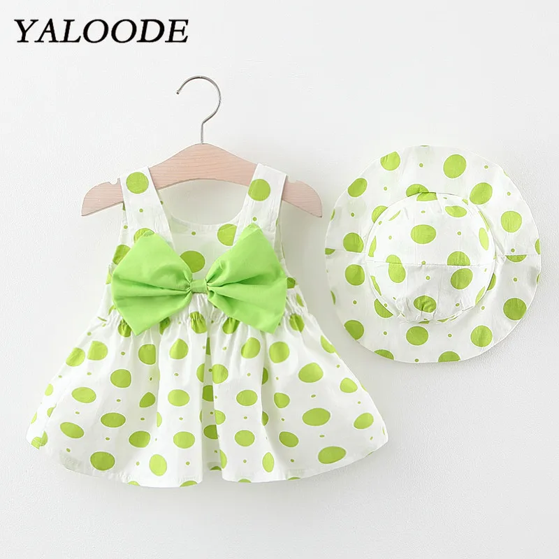 

YALOODE Baby Girl Dress 2020 Summer Hat 2 Piece Set Children's Clothes Sleeveless Dot Print Baby Birthday Party Princess Dress