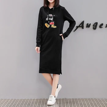 

Women Autumn Casual Loose Balck Long Hoodies Sweatshirt Long Sleeve Hooded Dresses Likable Print Dresses Vestidos Plus Size 4xl
