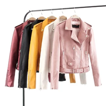 

Korean Motorcycle Short Coat New Spring Women's Jacket The Self-cultivation Pu Leather Jacket Women's Leather Bright