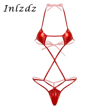 

Women Erotic Mini Micro Thong Leotard Bodysuit One-piece Shiny Metallic Lingerie Halter Neck Backless Self-tie Trikini Nightwear