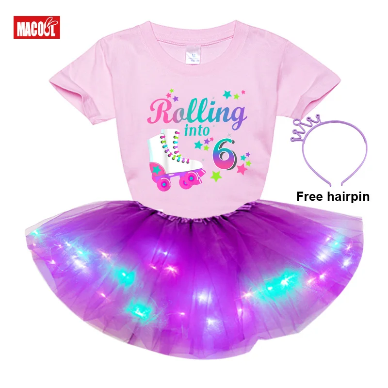 

Kids Girls Ballet Tutu Dress Sets Summer Short Sleeve T-shirt+luminous Skirt+hairpin 3pc Set Girl Casual Wear Children Clothing