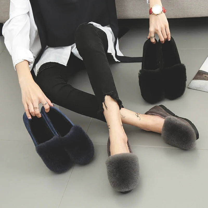 

Brief winter woman plush shoes solid creeper flock non-slip rabbit hair flats comfy round toe femme loafers platform shoes 42/43