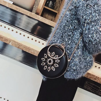 

Round Evening Clutch Luxury Diamond Sunflower Party Bag, Chain Clutch Black