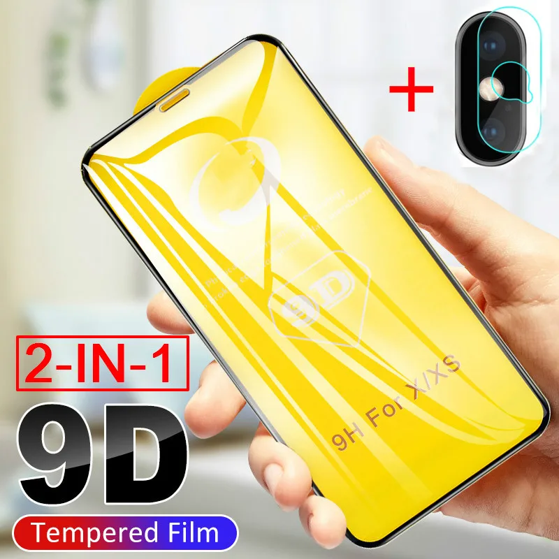 

2 in 1 9D Full Tempered Glass for iPhone X XR XS Max 6 Camera Lens Film Front Glass for iPhone X 7 8 6 6S Plus Screen Protector