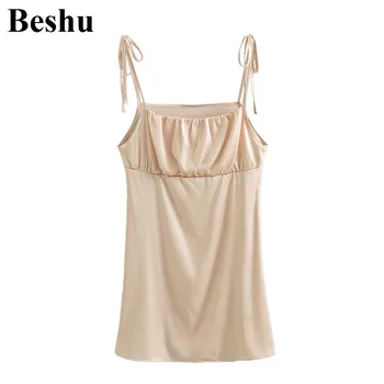 

za 2020 fashion mini sling dress women 2-colors satin folds side zipper sling dress female shrink high waist bow lace-up mujer