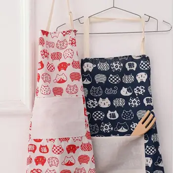 

New Fashion Cat Print Cotton Linen Apron Household Apron With Pocket Halterneck Soft Aprons Unisex Kitchen Accessories