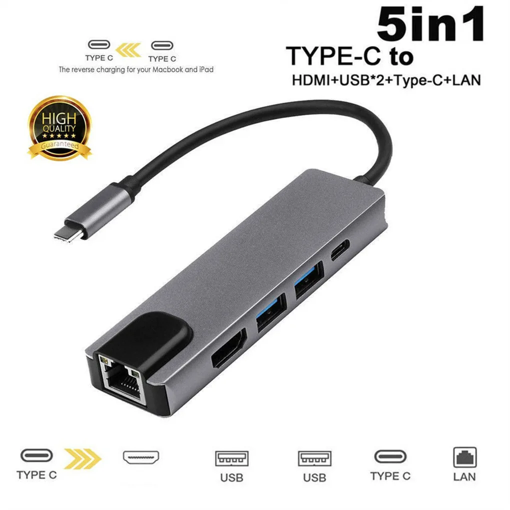 5-в-1 Тип-C адаптер USB HD RJ45 Порты и разъёмы Hub конвертер TF памяти SD кард-ридер высокое Скорость USB3.0 концентратор