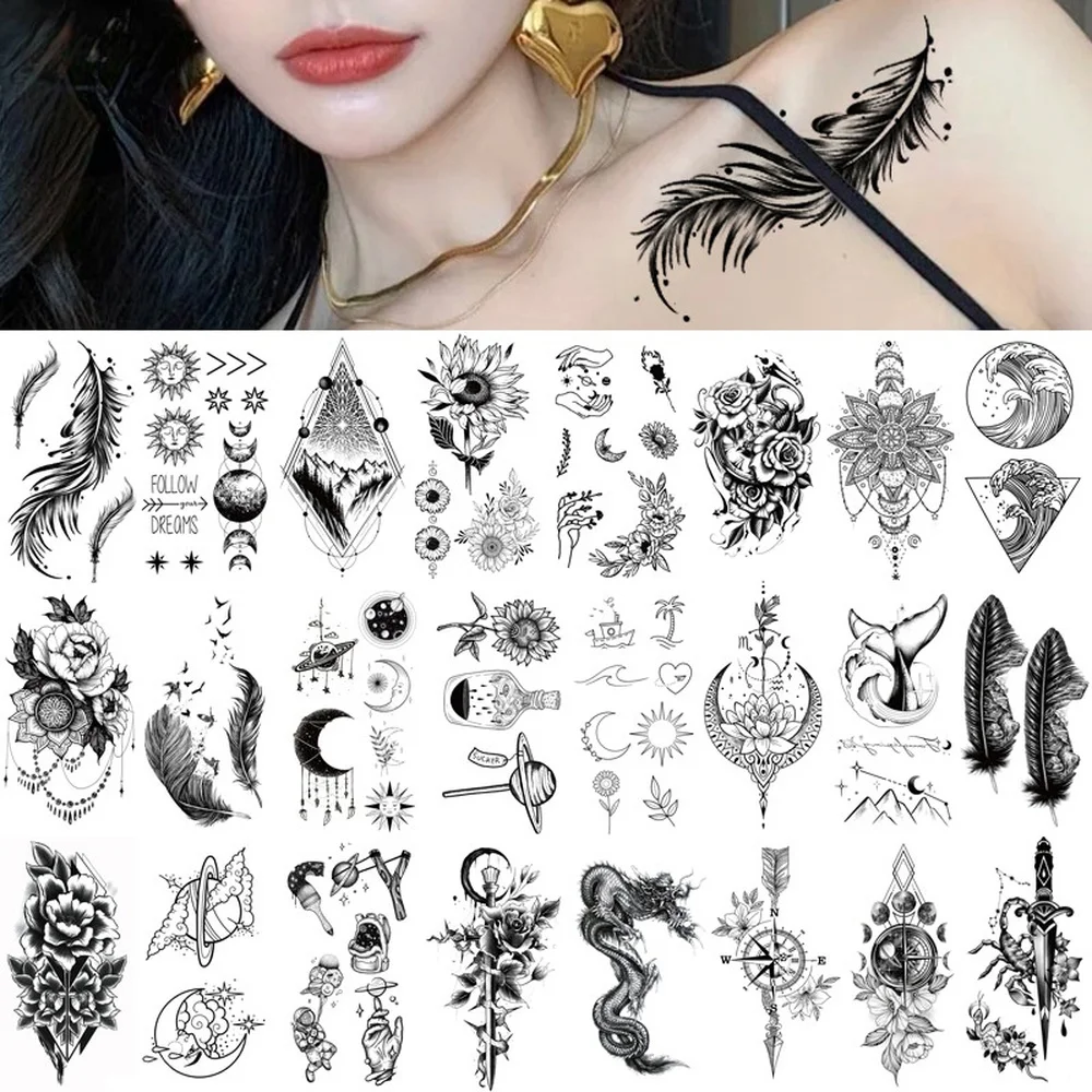 Impermeável Tatuagem Temporária Etiqueta Pena Clavícula Tornozelo Flash  Tatto Dragão Cobra Flores Body Art Braço Falso Manga Tatoo Mulheres -  AliExpress, image size:1000x1000