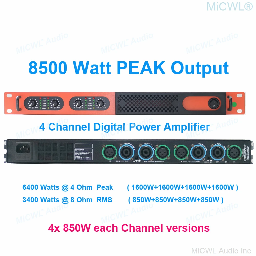 MiCWL 디지털 파워 앰프, 6400W, 4 채널, 5200 와트, 2 파워 버전 스피커, 프리앰프, AMP, 블루, 오렌지