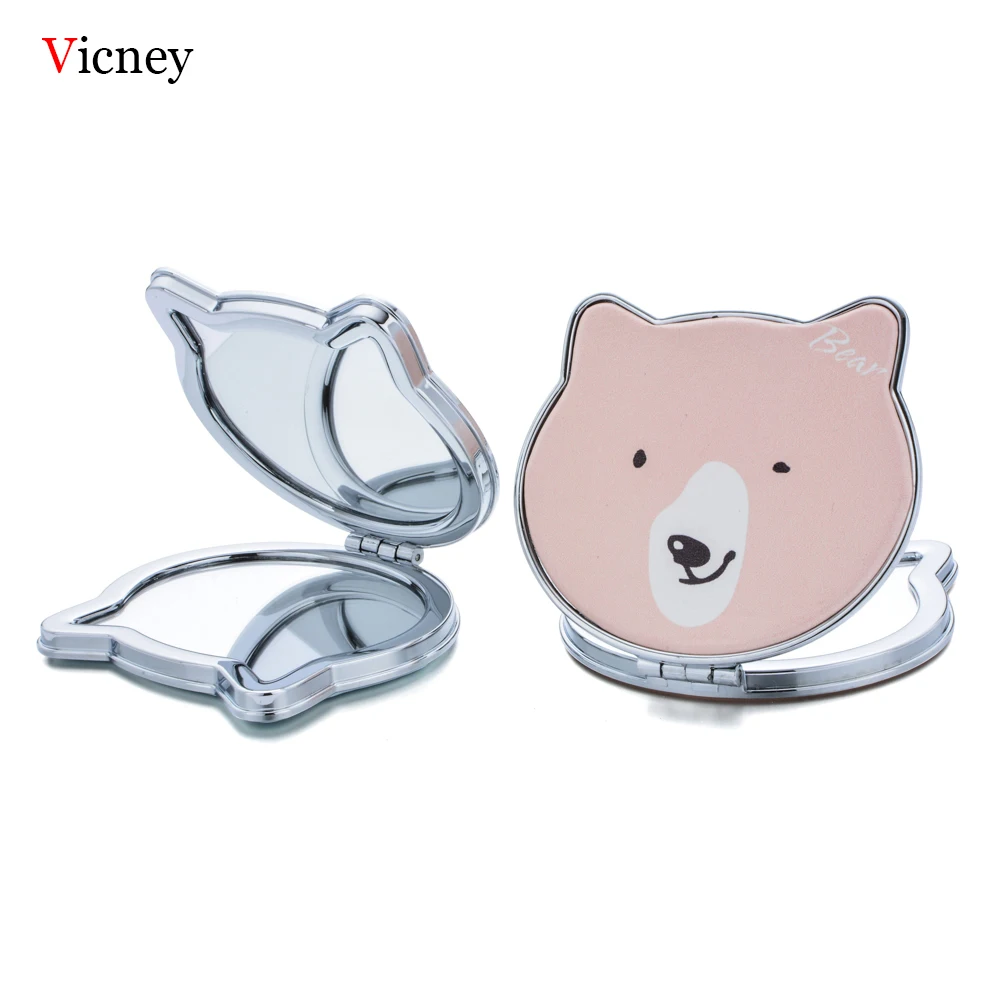 Vicney модное зеркало для макияжа с животными из мультфильмов, мини карманное зеркало-медвежонок, женское цветное двойное складное зеркало из ПУ, зеркало для рук