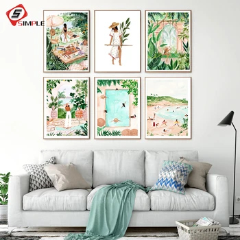 

Watercolour Vintage Summer Girl Minimalist Wall Art Canvas Painting Nordic Poster And Prints Wall Pictures For Living Room Decor
