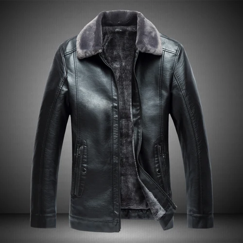 Men's PU Leather Jacket Winter Plus Velvet Thickening Business Men's Slim Jacket, Plus Fertilizer XL Lapel Warm Leather Jacket - Цвет: Black