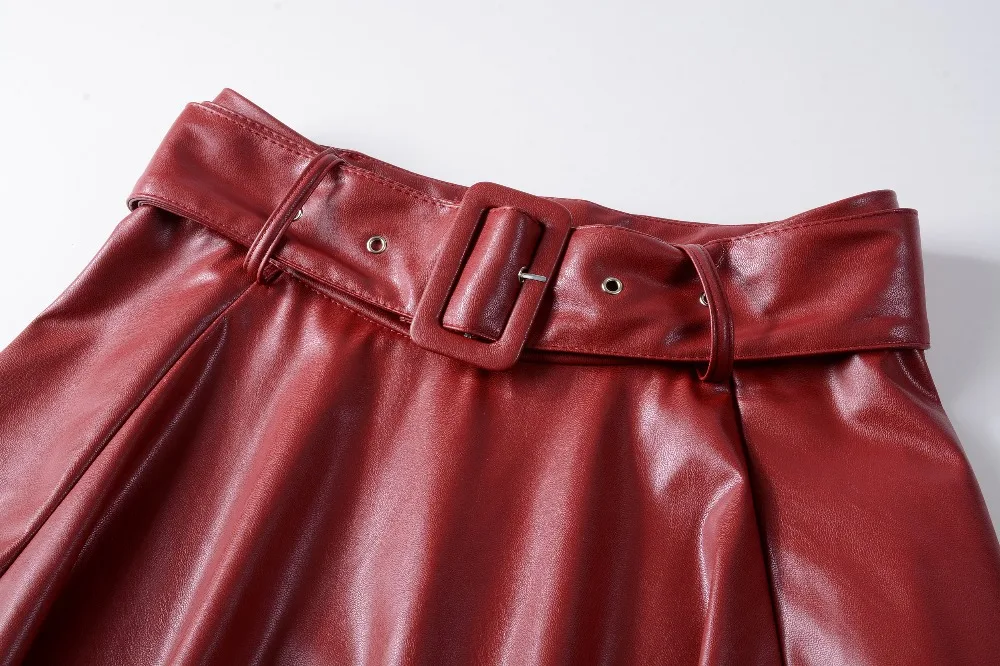 Новинка, женские плиссированные юбки из искусственной кожи на осень и зиму, женские юбки трапециевидной формы с высокой талией, винно-красная длинная черная юбка макси с поясом