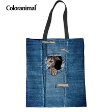 Цветные животные кошки и собаки на ковбойском кармане женские сумки многоразового использования для покупок Складная Холщовая Сумка-тоут женская Повседневная сумка на плечо