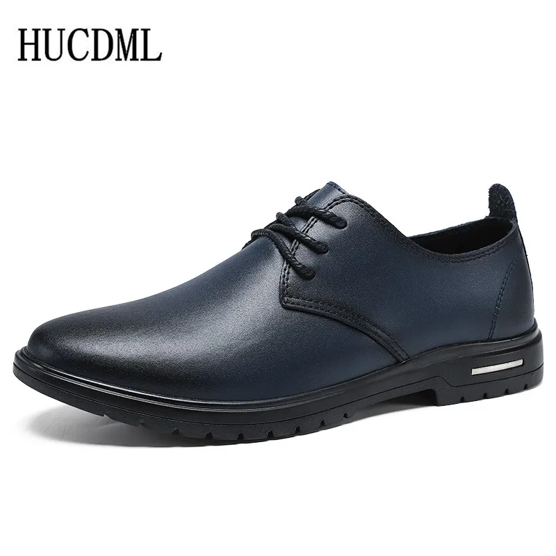 HUCDML Classic Genuine Leather Men's Shoes Spring and Autumn Low-top Casual Black Blue Large Size 38-47 | Обувь