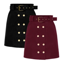 Женская замшевая юбка, новинка, весна-осень, тонкая с поясом, золотые пуговицы, однобортная мини юбка с запахом