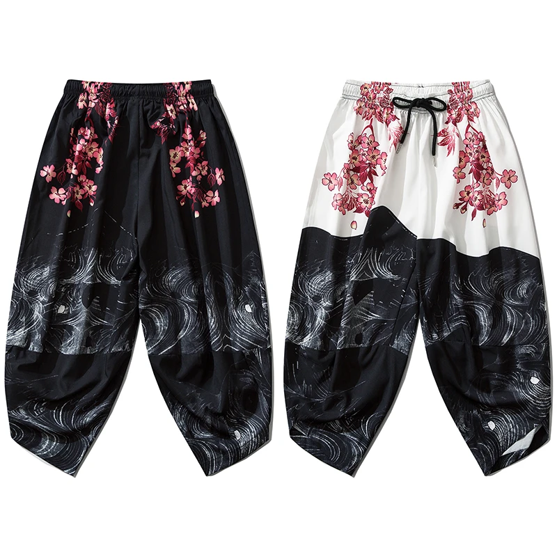 Bebovizi 2020 Japanese Style Harajuku Men Trousers Sakura Samurai Costume Loose Fashion Women Traditional Bloom Pants Haori