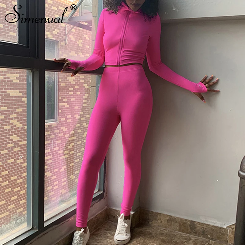 

Simenual Ribbed Casual Sporty Women Two Piece Sets Long Sleeve Letter Embroidery Workout Active Wear Crop Top And Pants Outfits