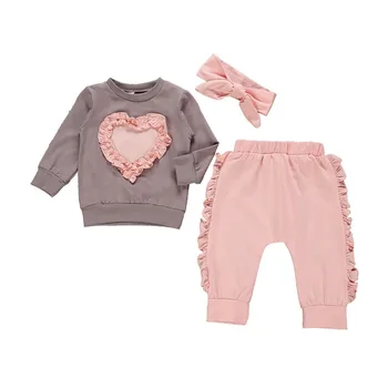 

Spring Autumn Infant Baby Girls Clothes Outfits Love Heart Sweatshirt Tops+Ruffle Pants+Headband 3Pcs Set Toddler Girls Clothes