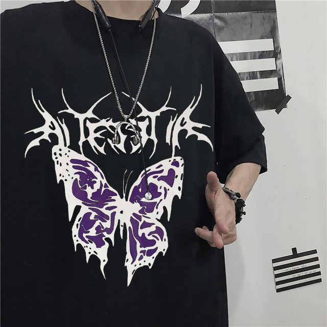 Women'S Fashion Printed T-Shirt Gothic Trend T-Shirt Summer Couple Harajuku Hip Hop O Collar Butterfly Top Loose Punk Clothing 1