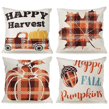 

Botique-Fall Pillow Covers 18X18 Inch Set of 4 Double Sided Truck Leaves Buffalo Check Throw Pillows for Fall Decor Farmhouse