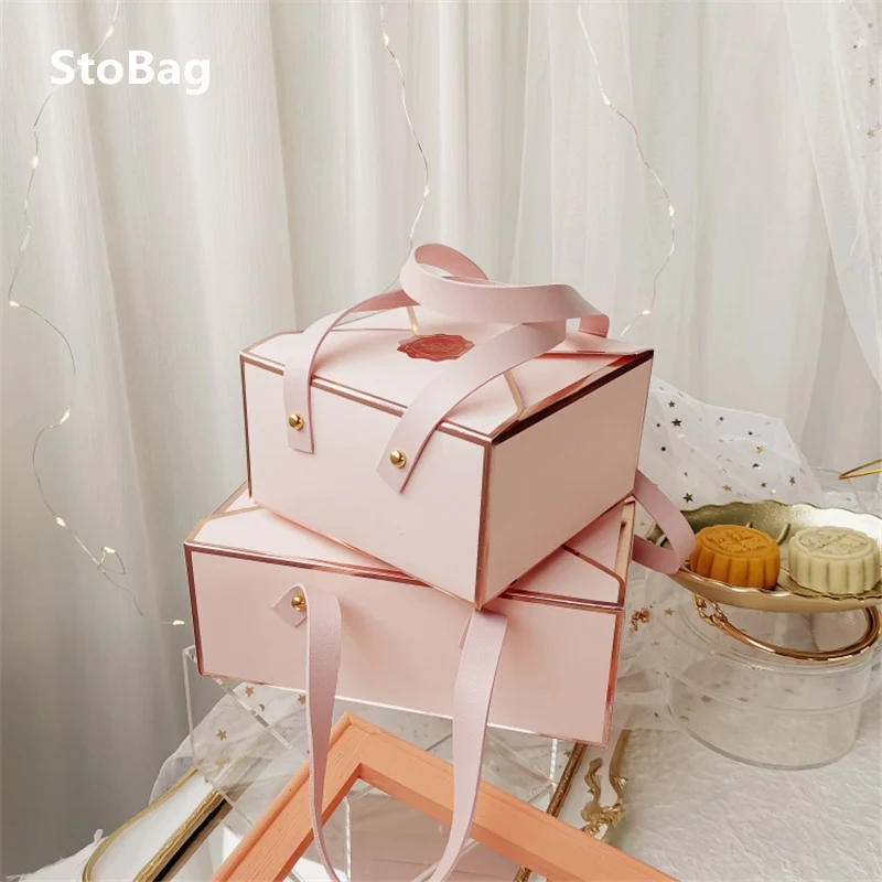 StoBag-caja de embalaje de regalo rosa de estilo de cubierta, regalos de fiesta de cumpleaños para invitados de boda, decoración de galletas, color blanco, 5 uds.
