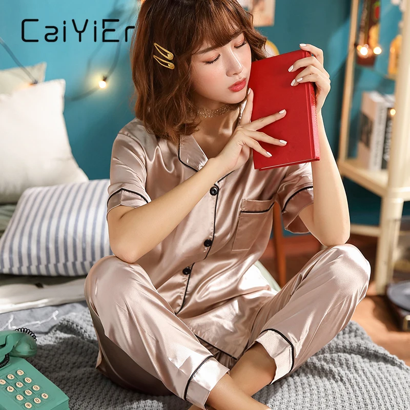 CAIYIER Summer 2Pieces Women Sleepwear Silk Satin Short Sleeve Pajamas Set Turn-down Collar Sexy Home Clothes Plus Size M-5XL