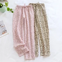Women Fashion Casual Drawstring Pajama Pants Ladies Crepe Leopard Print Loose Trousers Cotton Home Pants With Pockets